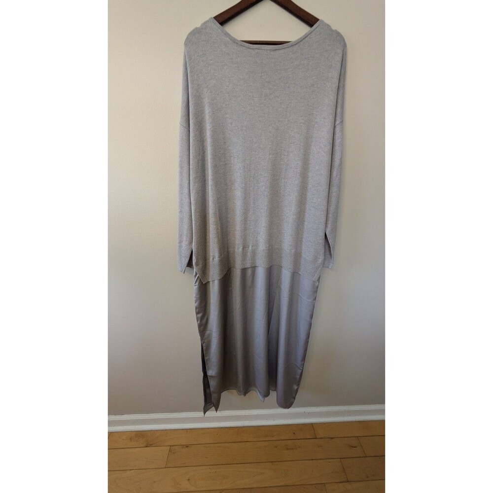 J Jill Wearever Sweater Dress 2X Mixed Media Gray Knit Satin Midi Classic Casual - Picture 7 of 12